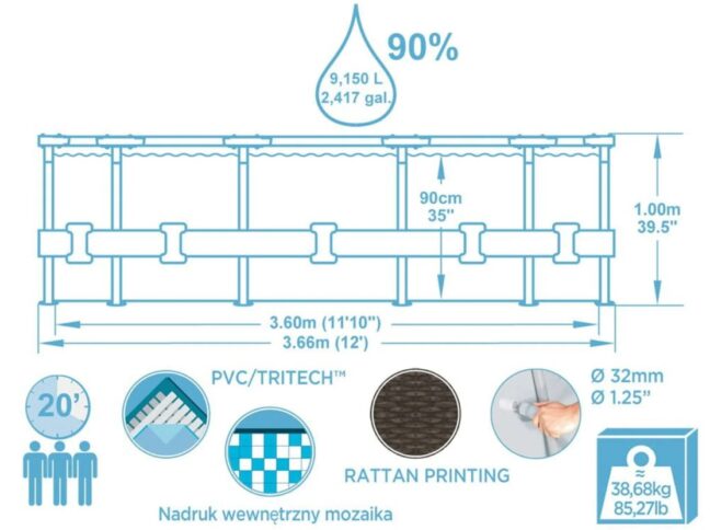 Rattan hatású fémvázas medence szett Pro Max 366x100cm 22in1