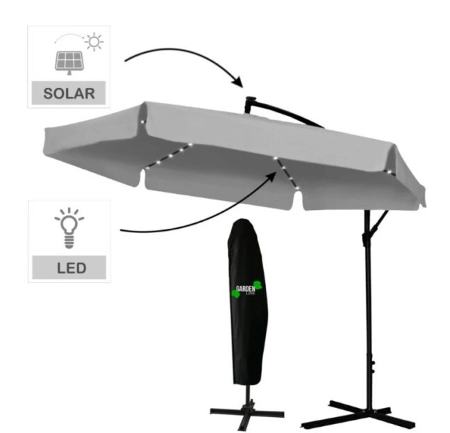 Kerti napernyő 3m, védőhuzattal és LED világítással – szürke