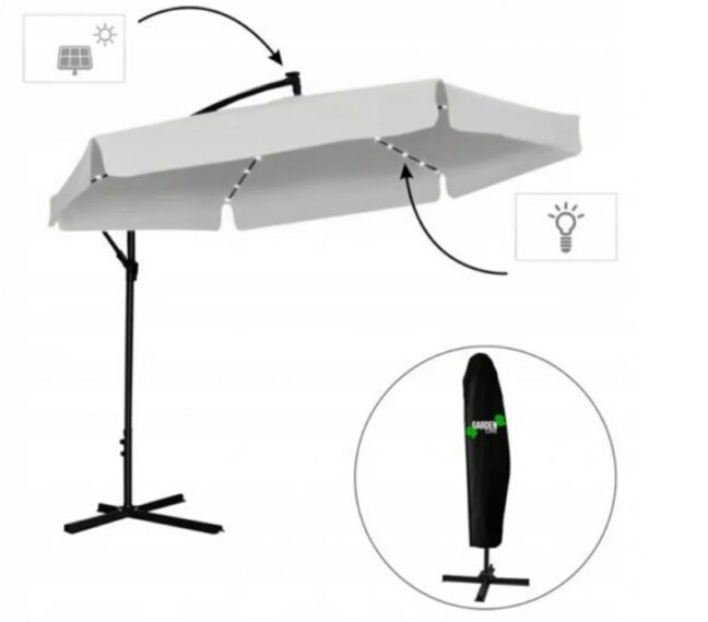 Kerti napernyő 3m, védőhuzattal és LED világítással – szürke