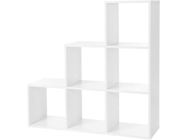 Könyvespolc, lépcsős polc 6 rekesszel – fehér