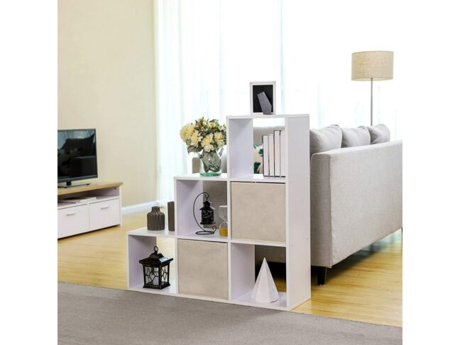 Könyvespolc, lépcsős polc 6 rekesszel – fehér