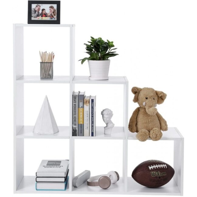 Könyvespolc, lépcsős polc 6 rekesszel – fehér