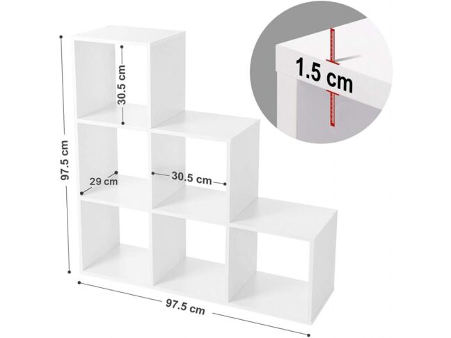 Könyvespolc, lépcsős polc 6 rekesszel – fehér