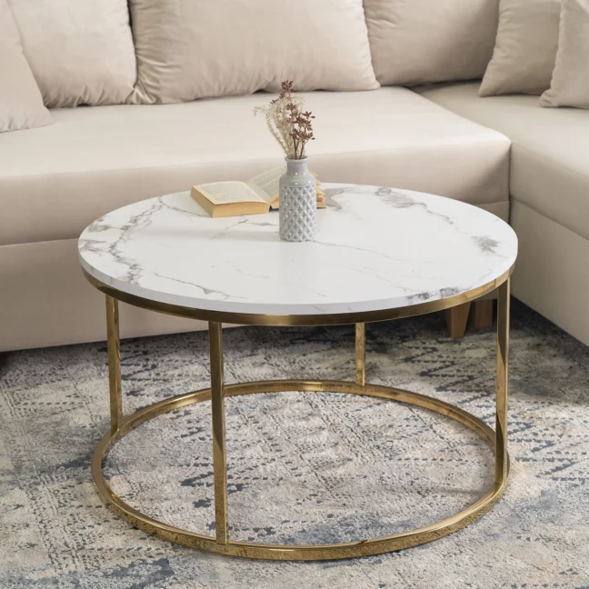 CLIFF MAX kör alakú dohányzóasztal, fehér márvány/arany
