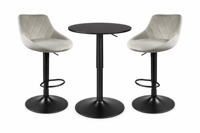 Bárasztal szett: Kast forgószék ivory bézs (2db) + fekete állítható magasságú kerek bárasztal