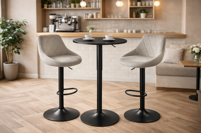 Bárasztal szett: Kast forgószék ivory bézs (2db) + fekete állítható magasságú kerek bárasztal