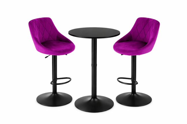 Bárasztal szett: Kast forgószék lila (2db) + fekete kerek bárasztal