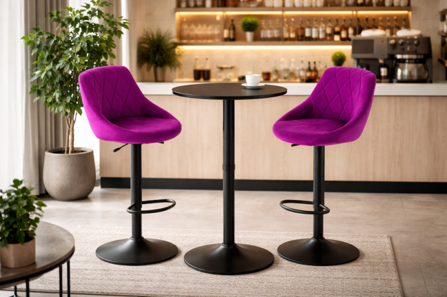 Bárasztal szett: Kast forgószék lila (2db) + fekete kerek bárasztal
