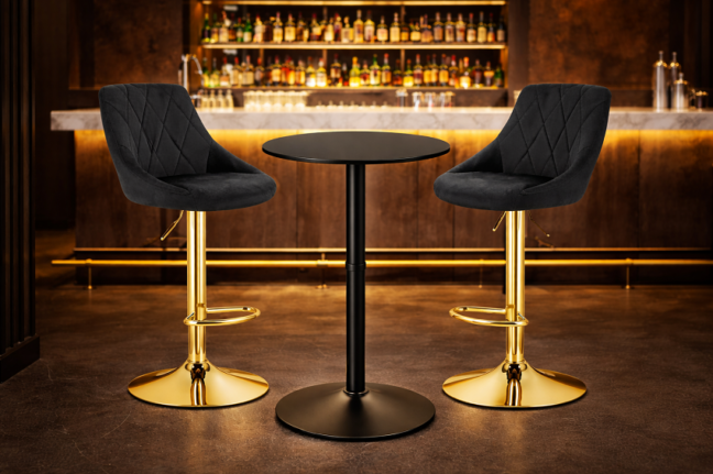 Bárasztal szett: Kast forgószék fekete/arany + fekete kerek bárasztal