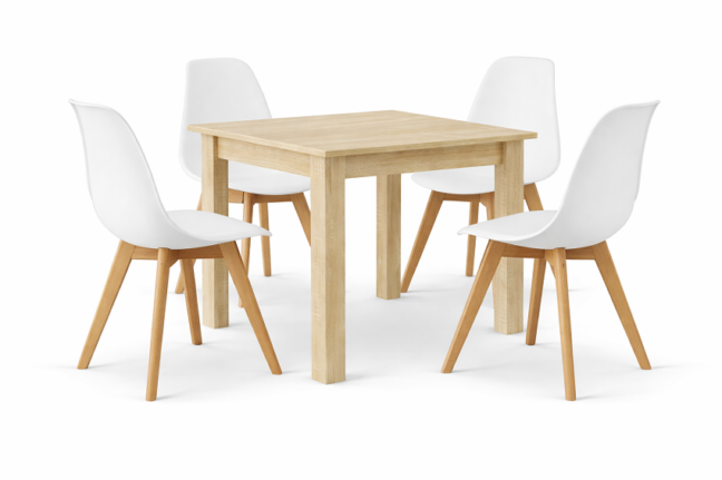 Étkezőasztal szett: NP 80×80 cm sonoma + 4 db KITO szék fehér/natúr láb