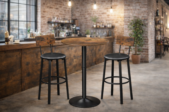 Rusztikus bárasztal szett: kerek bárasztal 2 db loft stílusú bárszékkel