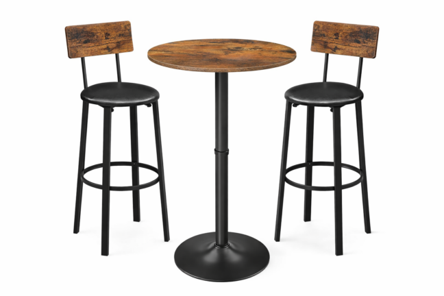 Rusztikus bárasztal szett: kerek bárasztal 2 db loft stílusú bárszékkel