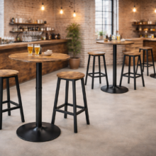 Rusztikus bárasztal szett: kerek bárasztal 2 db ipari stílusú kerek bárszékkel