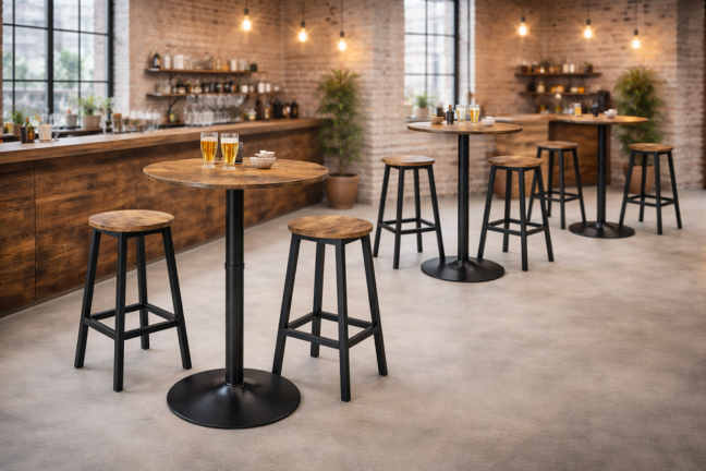 Rusztikus bárasztal szett: kerek bárasztal 2 db ipari stílusú kerek bárszékkel