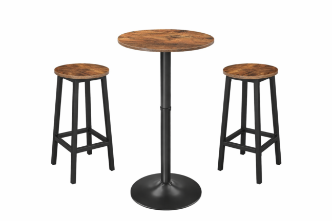 Rusztikus bárasztal szett: kerek bárasztal 2 db ipari stílusú kerek bárszékkel