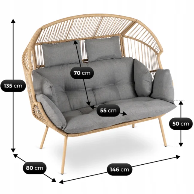 KORYNT kétszemélyes rattan fotel, szürke párnával