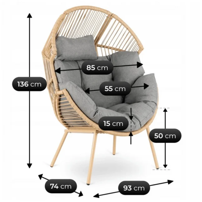 CEZARE rattan fotel, szürke párnával