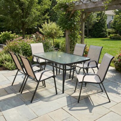 Kerti acél étkezőgarnitúra szett BISTRO – bézs/fekete vázzal