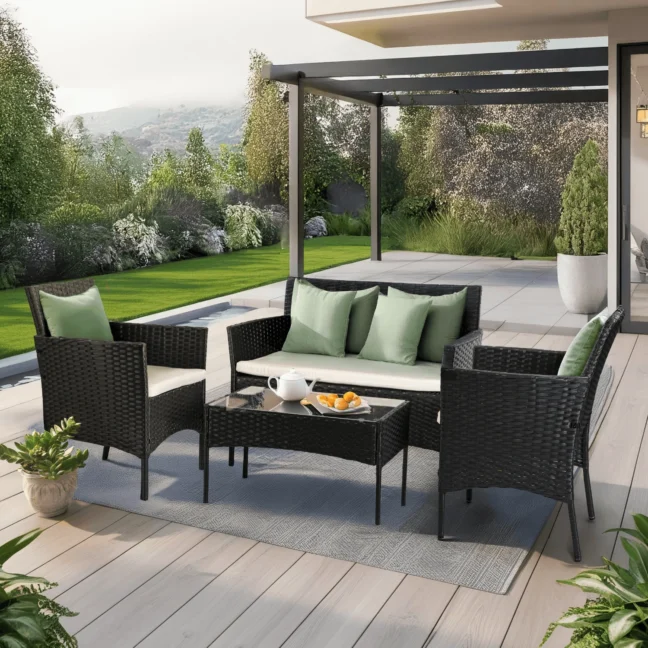 MISSISIPI kerti bútor szett, fekete/bézs párnával