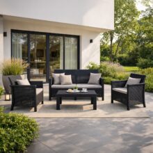 BRENTA kerti bútor szett, fekete/szürke párnával