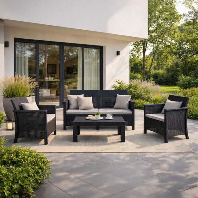 BRENTA kerti bútor szett, fekete/szürke párnával