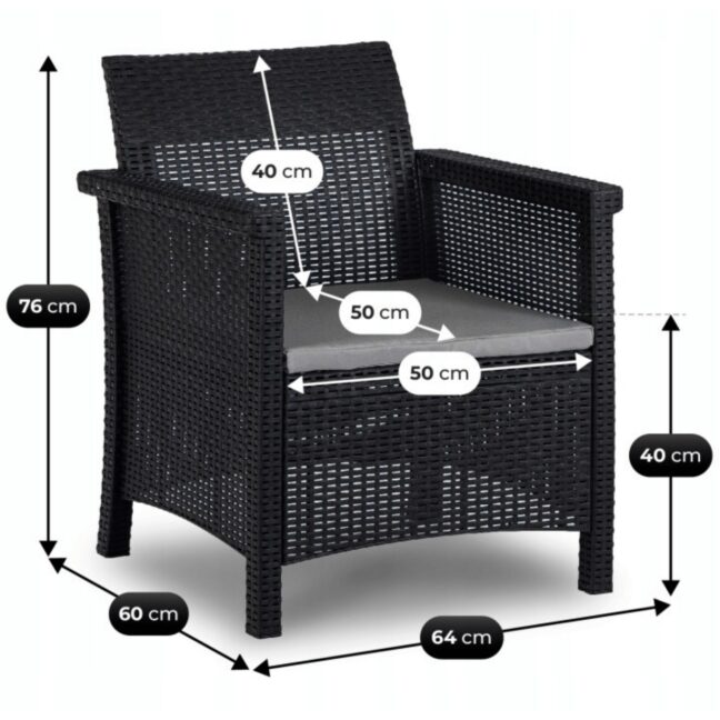 BRENTA kerti bútor szett, fekete/szürke párnával