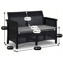 BRENTA kerti bútor szett, fekete/szürke párnával