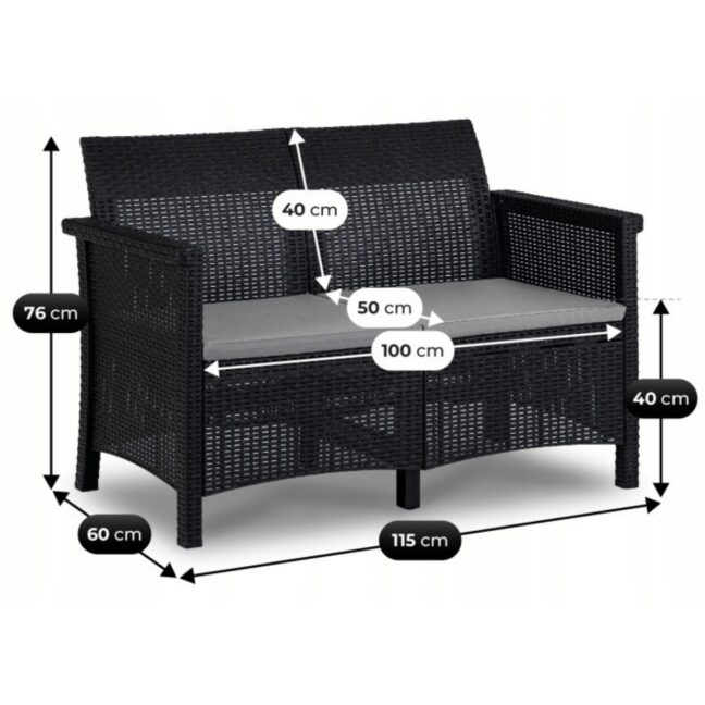 BRENTA kerti bútor szett, fekete/szürke párnával