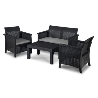 BRENTA kerti bútor szett, fekete/szürke párnával