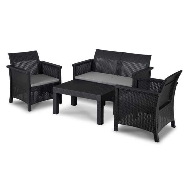 BRENTA kerti bútor szett, fekete/szürke párnával