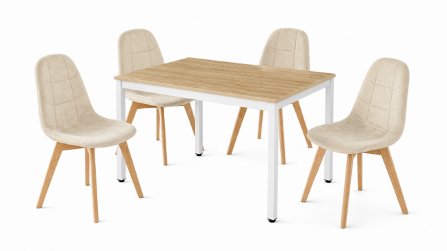 Étkezőasztal szett: Tessa 120×60 tölgy/fehér lábakkal + 4 db BORA szék ivory bársony bézs/natúr lábbal