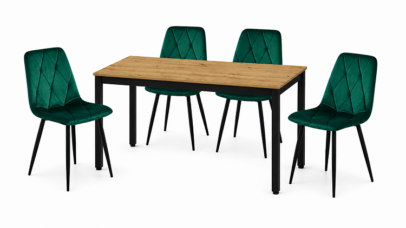 Étkezőasztal szett: Tessa 120×60 artisan tölgy/fekete lábak + 4 db DORA szék sötétzöld/fekete lábbal