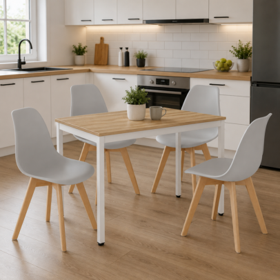 Étkezőasztal szett: Tessa 120×60 cm tölgy/fehér + 4 db KITO szék szürke/natúr láb