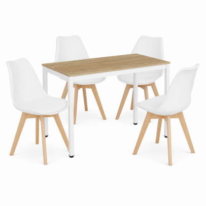 Étkezőasztal szett: Tessa 120×60 cm tölgy/fehér + 4 db OSLO szék fehér/natúr láb