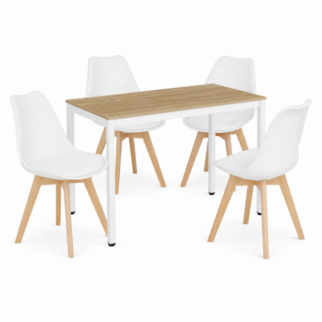 Étkezőasztal szett: Tessa 120×60 cm tölgy/fehér + 4 db OSLO szék fehér/natúr láb