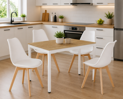 Étkezőasztal szett: Tessa 120×60 cm tölgy/fehér + 4 db OSLO szék fehér/natúr láb