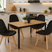 Étkezőasztal szett: Tessa 120×60 artisan tölgy/fekete lábakkal + 4 db BORA szék bársony fekete/natúr lábbal
