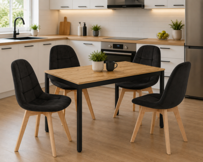 Étkezőasztal szett: Tessa 120×60 artisan tölgy/fekete lábakkal + 4 db BORA szék bársony fekete/natúr lábbal