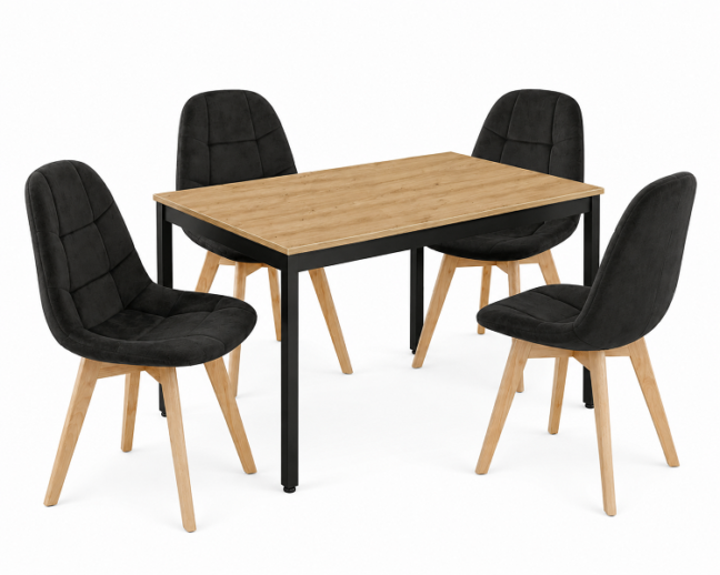 Étkezőasztal szett: Tessa 120×60 artisan tölgy/fekete lábakkal + 4 db BORA szék bársony fekete/natúr lábbal