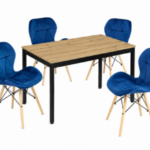 Étkezőasztal szett: Tessa 120×60 artisan tölgy/fekete lábakkal + 4 db LAGO szék bársony kék/natúr lábak