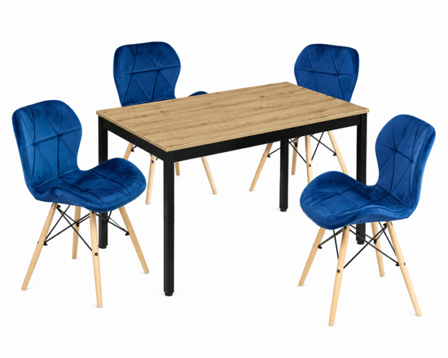 Étkezőasztal szett: Tessa 120×60 artisan tölgy/fekete lábakkal + 4 db LAGO szék bársony kék/natúr lábak