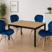Étkezőasztal szett: Tessa 120×60 artisan tölgy/fekete lábakkal + 4 db LAGO szék bársony kék/natúr lábak