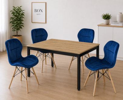 Étkezőasztal szett: Tessa 120×60 artisan tölgy/fekete lábakkal + 4 db LAGO szék bársony kék/natúr lábak