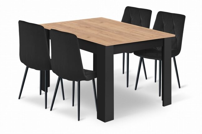 Étkezőasztal szett: NP 120×80 cm craft tölgy/fekete + 4 db DORA szék fekete/fekete láb