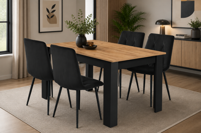 Étkezőasztal szett: NP 120×80 cm craft tölgy/fekete + 4 db DORA szék fekete/fekete láb