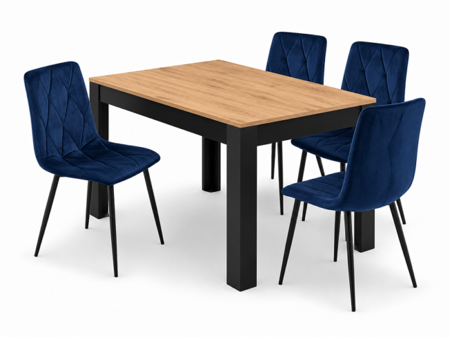 Étkezőasztal szett: NP 120×80 cm craft tölgy/fekete + 4 db DORA szék sötétkék/fekete láb