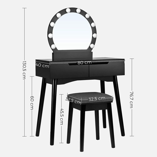 Modern fésülködő asztal készlet világítással – fekete