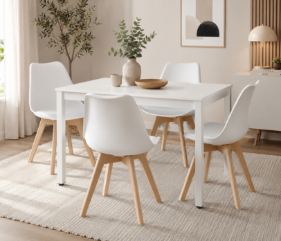 Étkezőasztal szett: Tessa 120×60 cm fehér/fehér + 4 db OSLO szék fehér/natúr láb