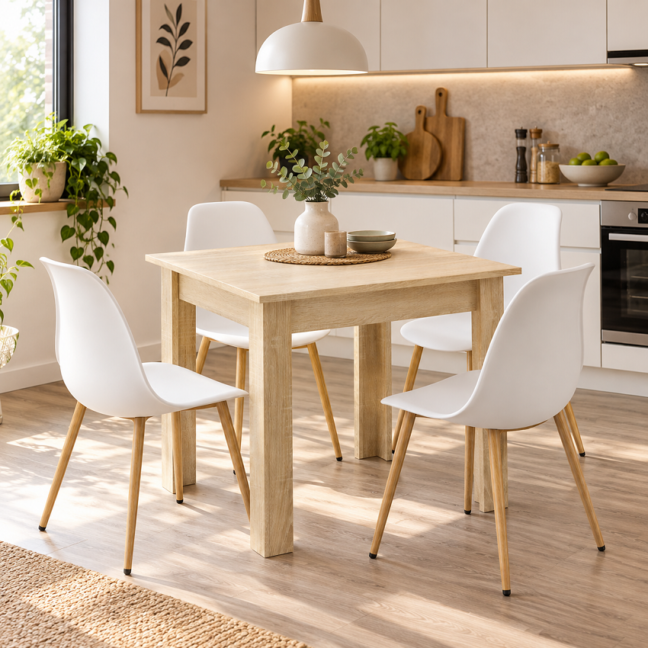 Étkezőasztal szett: NP 80×80 cm sonoma + 4 db WAT szék fehér/natúr láb