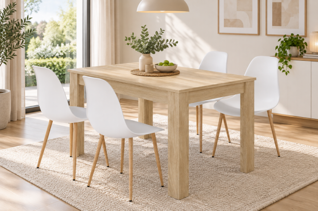 Étkezőasztal szett: NP 120×80 cm sonoma + 4 db WAT szék fehér/natúr láb